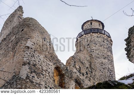 Medieval Gothic Castle Kostomlaty Or Sukoslav , Grey Stone Ruin On Hill At Sunny Winter Day, Ancient