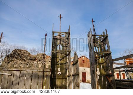 Medieval Gothic Castle Kostomlaty Or Sukoslav Under Snow, Grey Stone Ruin On Hill At Sunny Winter Da