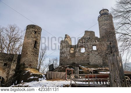 Medieval Gothic Castle Kostomlaty Or Sukoslav , Grey Stone Ruin On Hill At Sunny Winter Day, Ancient
