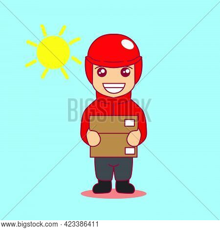 Cute Cartoon Illustration Of A Delivery Person Or Online Motorcycle Taxi Delivering A Customer's Ord