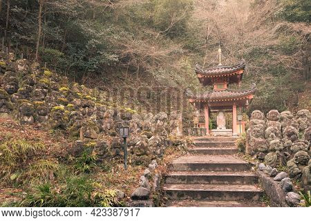 Mysterious Early Dawn In The Garden Of Otagi Nenbutsu-ji Buddhist Temple In Kyoto, Japan. Many Small