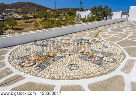 Decorative Greek Pebble Mosaic. The Church Of Agios Ioannis Detis On Paros. Cyclades Islands, Greece