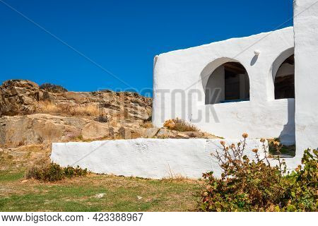 White Facade Of The Agios Ioannis Detis Church. Paros, Cyclades Islands, Greece