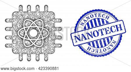 Vector Crossing Mesh Quantum Computing Frame, And Nanotech Blue Rosette Grunge Seal Print. Crossed F
