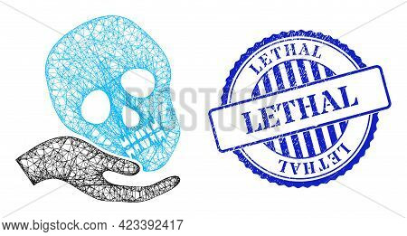 Vector Net Mesh Hand Holds Skull Wireframe, And Lethal Blue Rosette Corroded Stamp Seal. Linear Fram