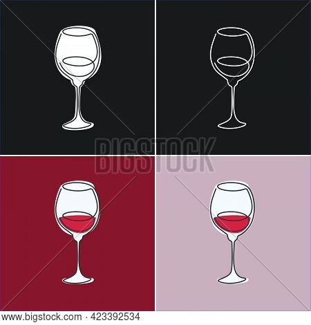 One Line Drawing Red Wine Glass On Various Background. Four Types Of Images. Colored Cartoon Graphic