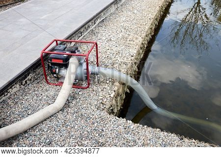 Portable Pump That Pumps Water From The Pond For Watering The Garden