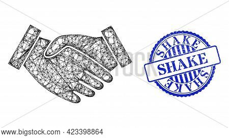 Vector Net Mesh Hand Take Model, And Shake Blue Rosette Dirty Stamp Seal. Linear Frame Network Image