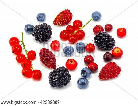 Various Fresh Summer Berries. Fresh Berries Pattern Isolated On White Background, Top View. Strawber