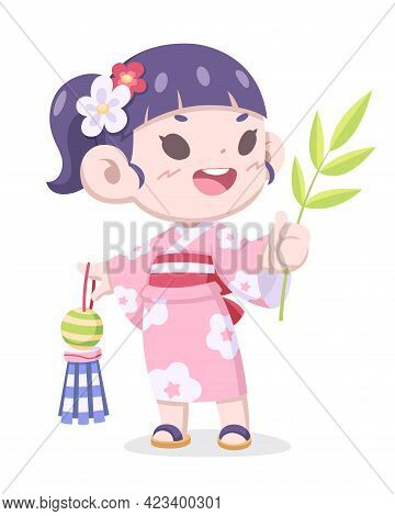 Tanabata Festival, Cute Style Japanese Girl In Traditional Kimono Dress Cartoon Illustration