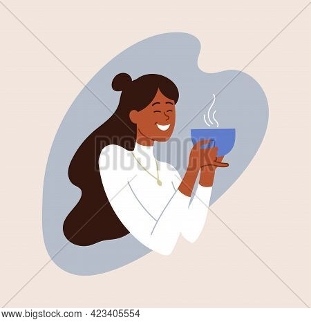 Happy Smiling Female Character Is Enjoing Her Coffee. Young Woman Is Drinking Fresh Hot Coffee From 