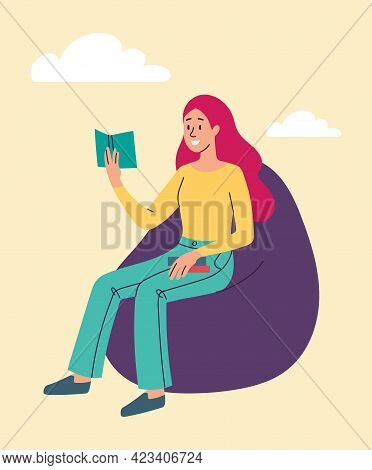 Young Smiling Female Character Is Reading On Bean Bag Chair. Woman Is Holding Book In Her Hand. Fema