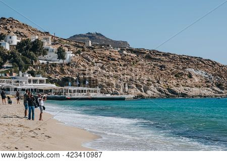 Kalafati, Greece - September 23, 2019: Tourists Taking Photos On Kalafati Beach, A Popular Beach In 