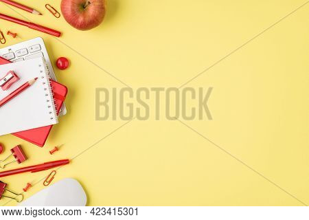Above Photo Of Notepad Sharpener Pencil Pen Keyboard Felt-tip Paperclips Computer Mouse And Apple Is