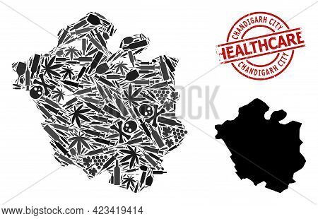 Vector Addiction Composition Map Of Chandigarh City. Rubber Health Care Round Red Badge. Concept For