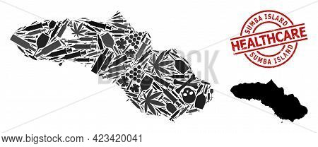 Vector Narcotic Mosaic Map Of Sumba Island. Grunge Health Care Round Red Stamp. Concept For Narcotic