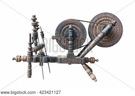 Front View Closeup Of Balkan Traditional Wooden Old Handloom Weaver Isolated On White Background