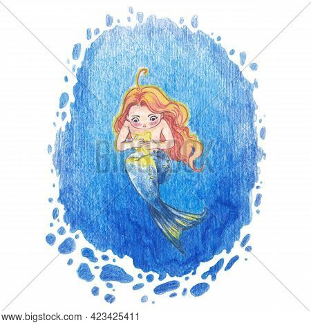 Hand-draw Illustration With Cute Mermaid. Pencil Drawing