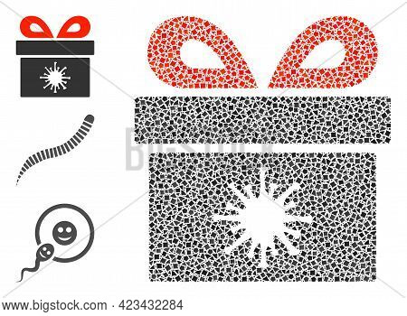 Collage Virus Pandorra Box Icon Composed Of Trembly Elements In Variable Sizes, Positions And Propor