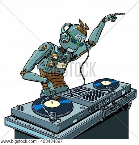 Robot Dj On Vinyl Turntables. Concert Music Performance