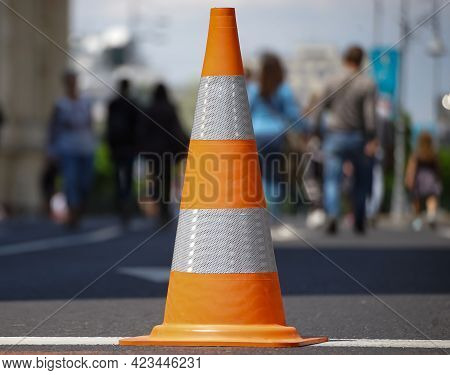 Bucharest, Romania - June 08, 2021: A Traffic Cone On Calea Victoriei. Several Streets Are Closed To