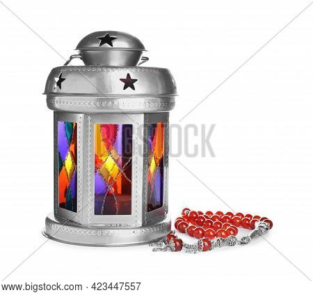 Decorative Arabic Lantern And Misbaha On White Background