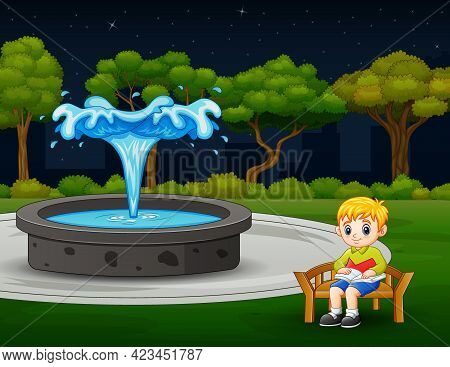 Illustration A Boy Sitting And Reading Book Near The Fountain