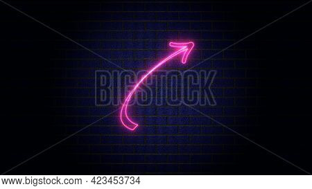 Arrow Neon On Brick Wall. Realistic Shining Signboard. Glowing Neon Arrow Pointer On Brick Wall Back