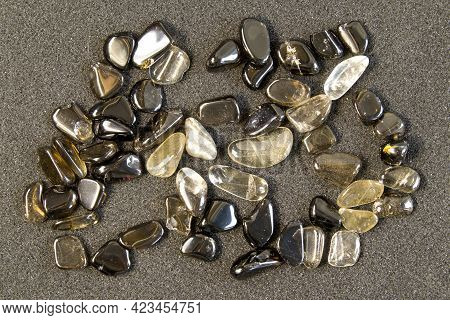 Macro Shooting Of Collection Natural Rock Set Of Morion, Smoky Quartz Crystals Gem Mineral Stones On