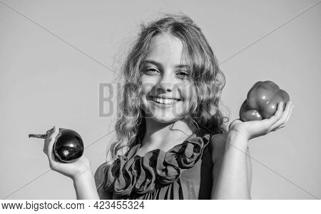 Girl Happy Smiling Child Living Healthy Life. Healthy Lifestyle. Kid Gathering Vegetables Sky Backgr