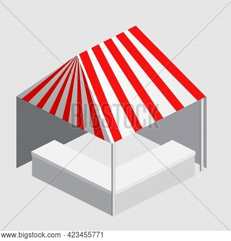 Isometric Market Stall, Tent. Street Awning Canopy Kiosk, Counter, White Red Strings For Fair, Stree