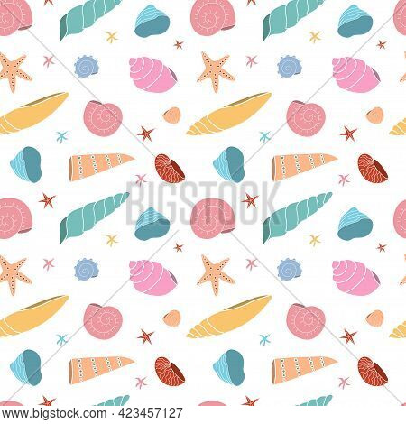 Seamless Pattern With Multicolored Seashells On A White Background. Wallpaper, Fabric, Splash Or Tek