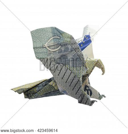 Money Origami Eagle Bird Folded With Real 5 Euro Note Isolated On White Background