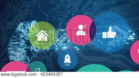 Composition of network of digital icons and computer circuit board. global online identity, data processing, technology and digital interface concept digitally generated image