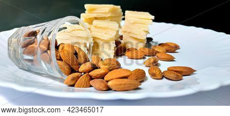 Badam Katli Is A Diamond Shape Indian Sweet With Almonds Made Using Almonds, Sugar And Mava, Served 