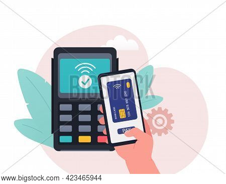 Contactless Payment From A Smartphone. Concept Of Contactless Cashless Payments In The Payment Termi