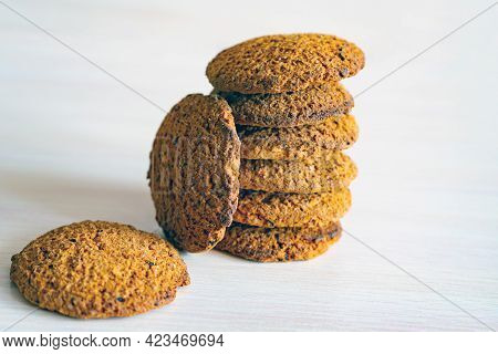 Delicious, Very Tasty Homemade Oatmeal Cookies. Oatmeal Cookies Close Up. Porous Crunchy Soft Cookie