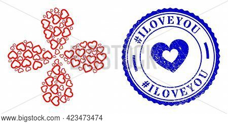 Romantic Heart Twirl Flower With Four Petals, And Blue Round Hashtag Iloveyou Scratched Rubber Print