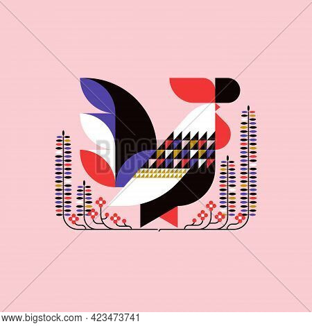 Decorative Rooster With Ornamental Leaves And Flowers. Flat Style Vector Illustration Of Geometric B