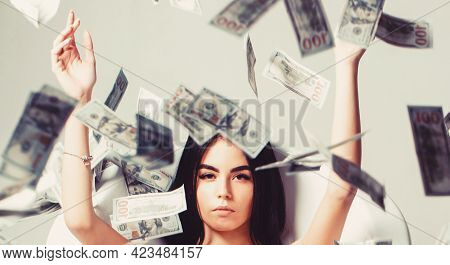 Millionaire Woman Lying In Bedroom. Sexy Woman Lying In Dollar Bills. Rich Sexy Woman Lies On Money.