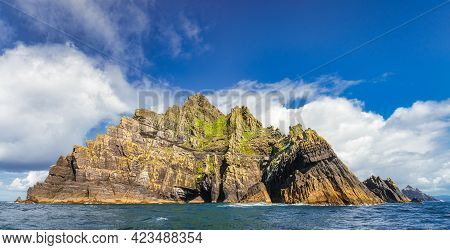 Panorama Of Entire Skellig Michael Island With Little Skellig In Background. Star Wars Film Location