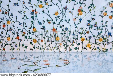 Abu Dhabi, United Arab Emirates - May 17, 2018: Detail Of The Marbles With Floral Decorations In The