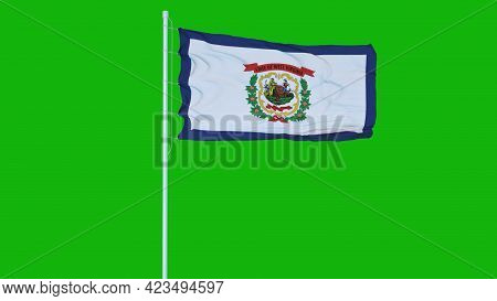 West Virginia State Flag Waving On Wind On Green Screen Or Chroma Key Background. 3d Rendering