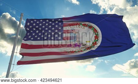 Flag Of Usa And West Virginia State. Usa And West Virginia Mixed Flag Waving In Wind. 3d Rendering