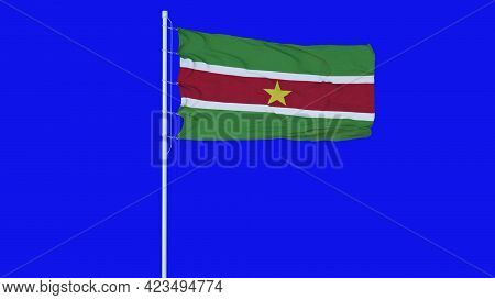 Suriname Flag Waving On Wind On Blue Screen Or Chroma Key Background. 3d Rendering
