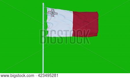 Malta Flag Waving On Wind On Green Screen Or Chroma Key Background. 3d Rendering