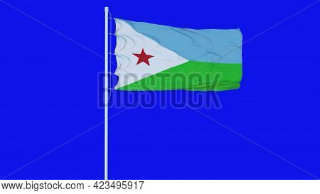 Djibouti Flag Waving On Wind On Blue Screen Or Chroma Key Background. 3d Rendering