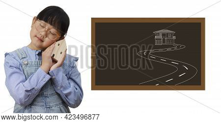 Happy Asian Girl Wears Glasses Smiling And Imagining New Home Concept, Young Woman Hand Holding Mini