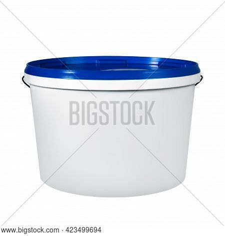 White Plastic Bucket Isolated On White Background. White Plastic Bucket Without Label With Blue Lid.