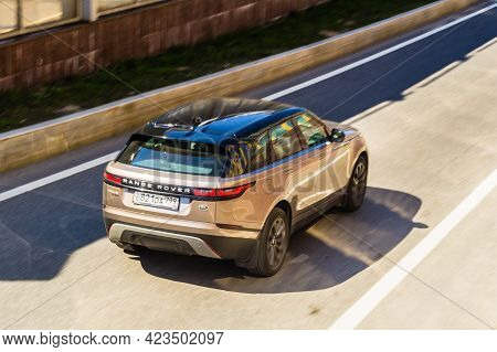 Moscow, Russia - June 2021: Beige Range Rover Velar, Rear Side View. Aerial Photography Of A Modern 